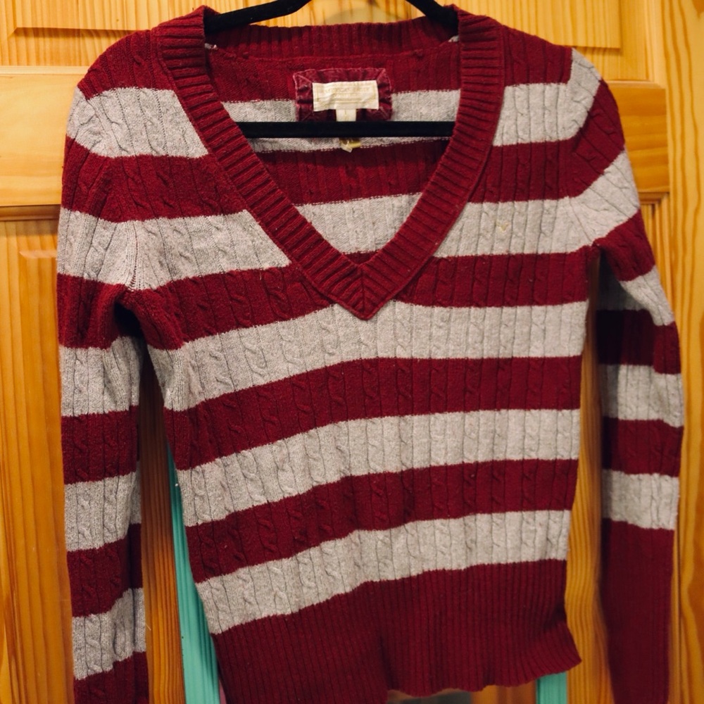 American Eagle Outfitters Burgundy and Gray V-Neck Sweater